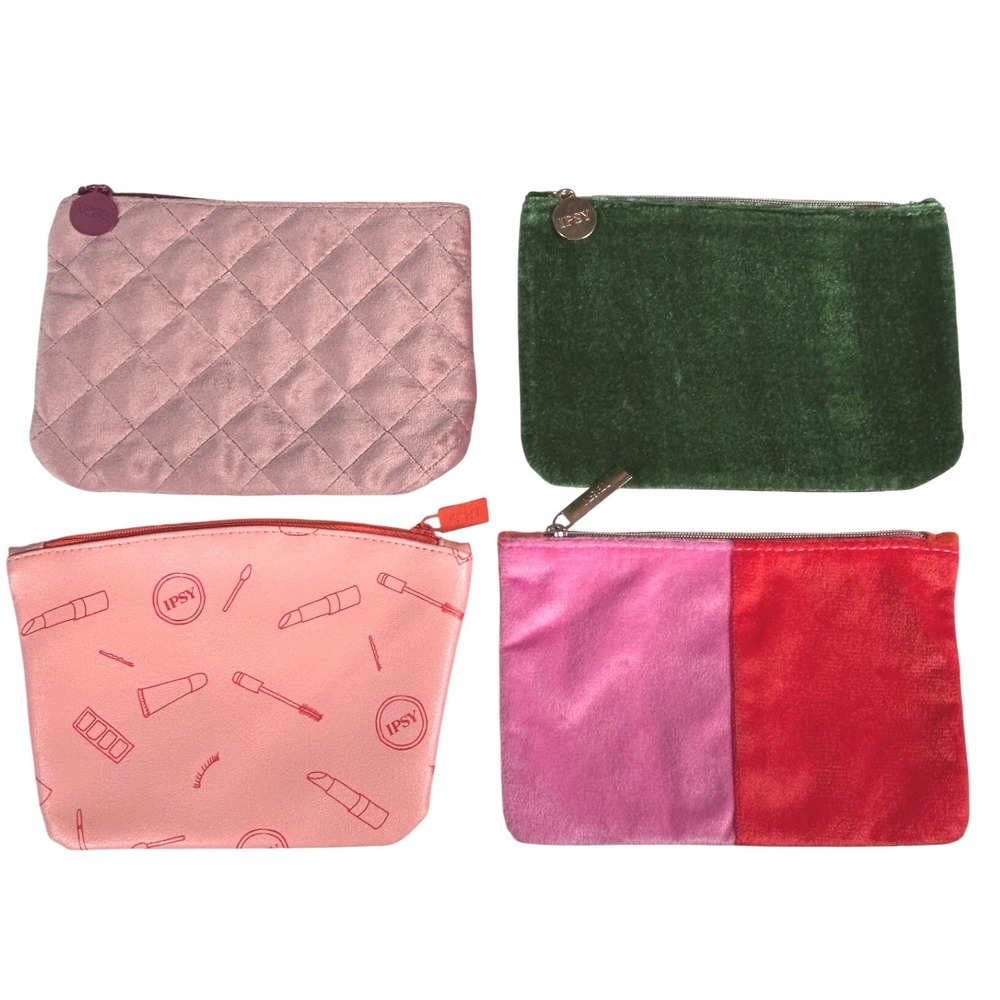 Ipsy Makeup Bags Lot of 4 Velvet Quilted Pink Green Red Cosmetic Pouches Set